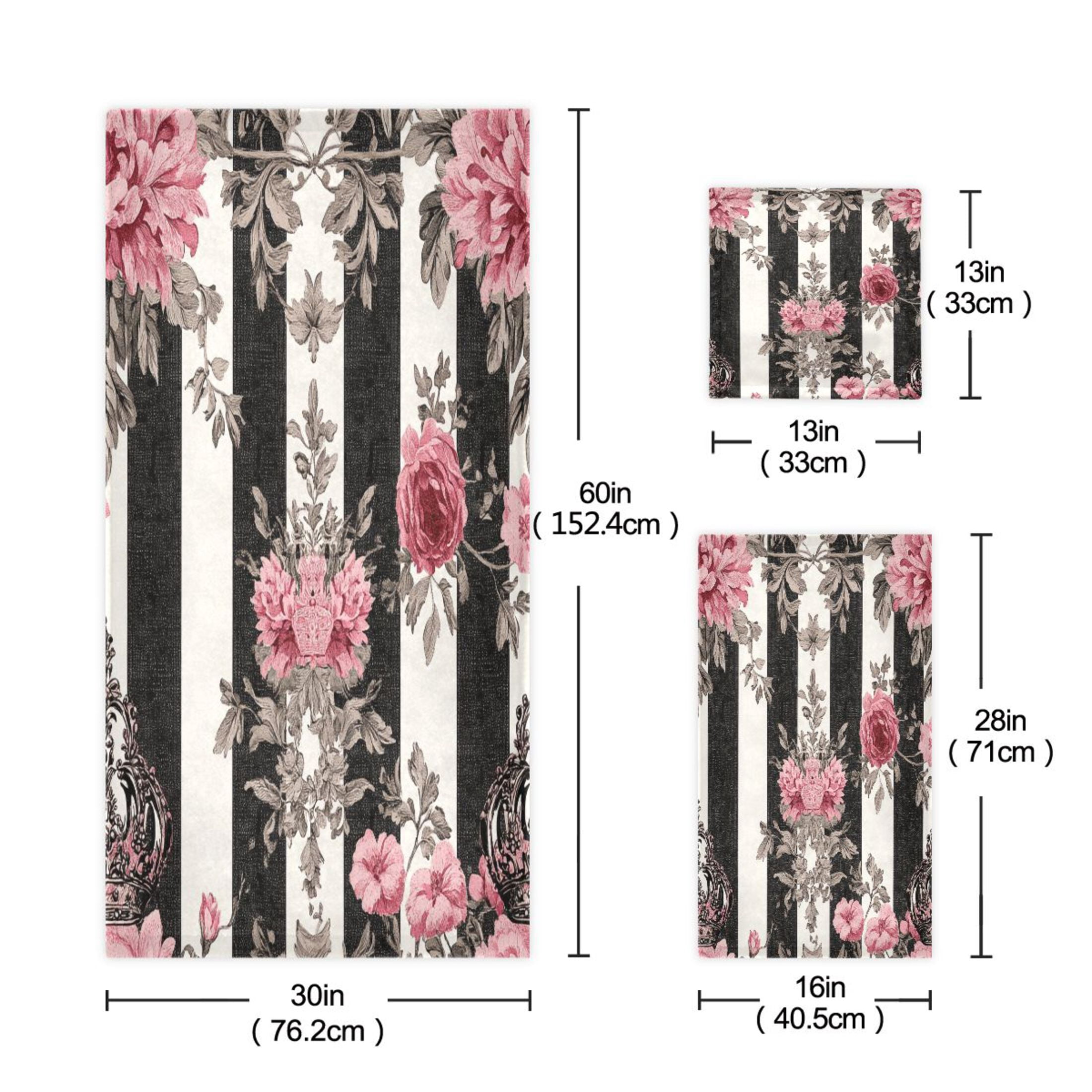 BZSMCE 3piece Bath Towel Sets Hand Bath Towels Fashion Black White Stripes Pink Roses Printed Towel Sets
