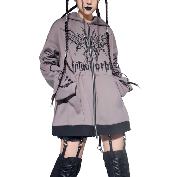 TRKIYQC, sudaderas con capucha informales para mujer, estilo gótico, patrón de mariposa, estampado de letras, abrigos de Hip Hop, sudaderas con capucha y cremallera suelta TRKIYQC moda