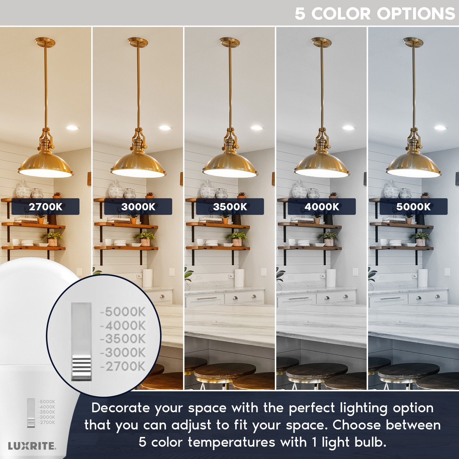 Luxrite A19 LED Light Bulb 100 Watt Equivalent CRI90 5CCT Dimmable 1600LM 15W E26 ETL 4 Pack