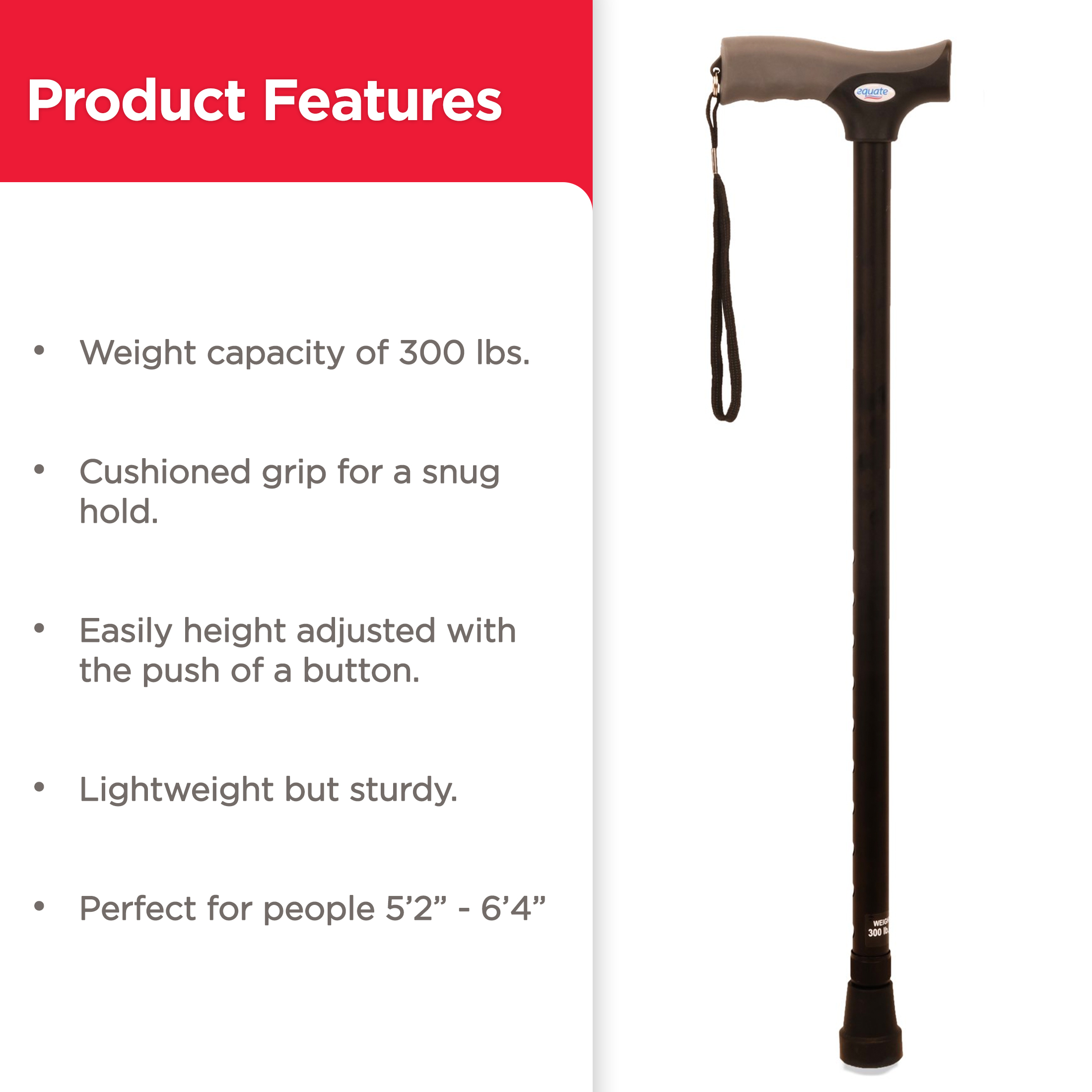 Equate Comfort Grip Walking Cane for All Occasions, Adjustable, Wrist Strap, Black, 300 lb Capacity - image 5 of 8