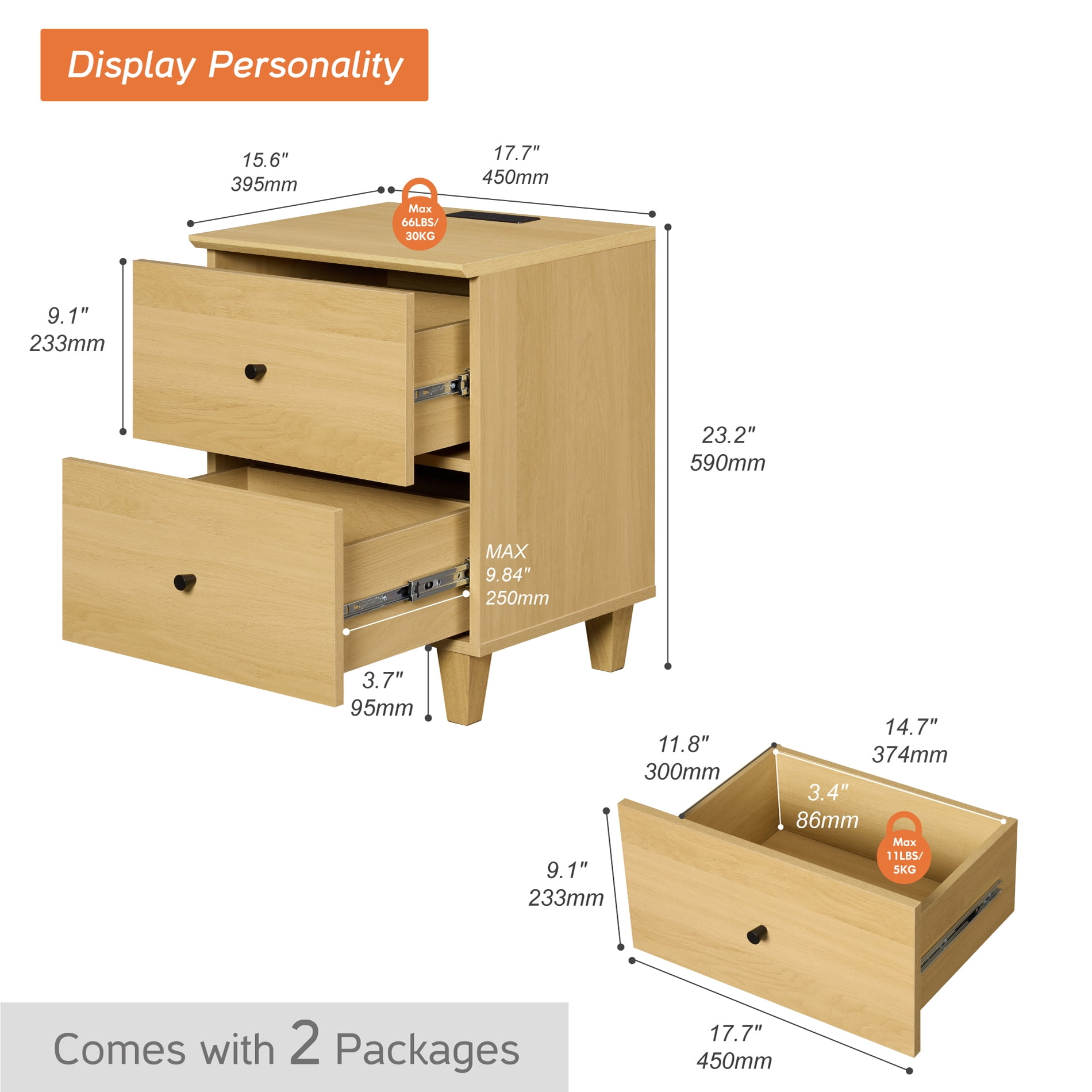 WAMPAT Dresser and Nightstands Set of 4, Wood Dressers with 6 Drawers, 2 Pieces Nightstands with Charging Stations for Living Room, Oak Wood