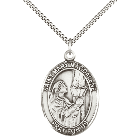 .925 Sterling Silver Saint Mary Magdalene Medal Pendant on 18" Rhodium Plated Lite Curb Brass Chain with Lobster Claw Clasp,Catholic Religious Necklace -Made in USA- Deluxe Velvet Gift Box
