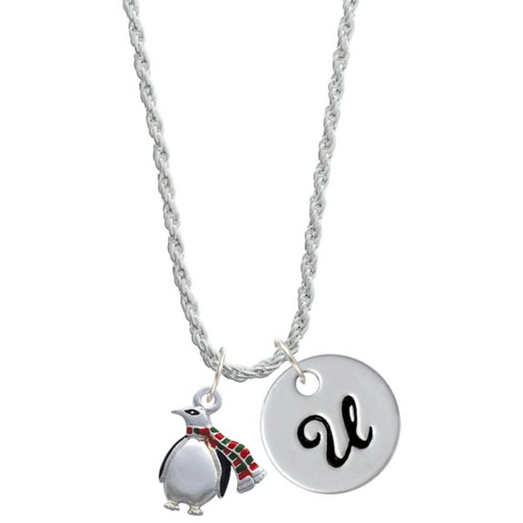 Delight Jewelry Silvertone Penguin with Scarf Silvertone Script Initial Disc - U - Charm Necklace, 20" 3"