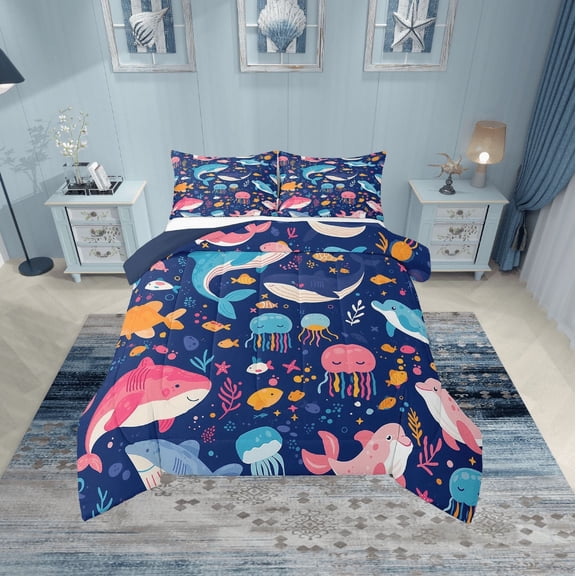 Erosebridal Kawaii Whale Bedding Twin Comforter Set, Cute Jellyfish Down Comforter, Cartoon Sealife Reversible Comforters & Duvets, Super Cozy Room Decorative, 2pcs