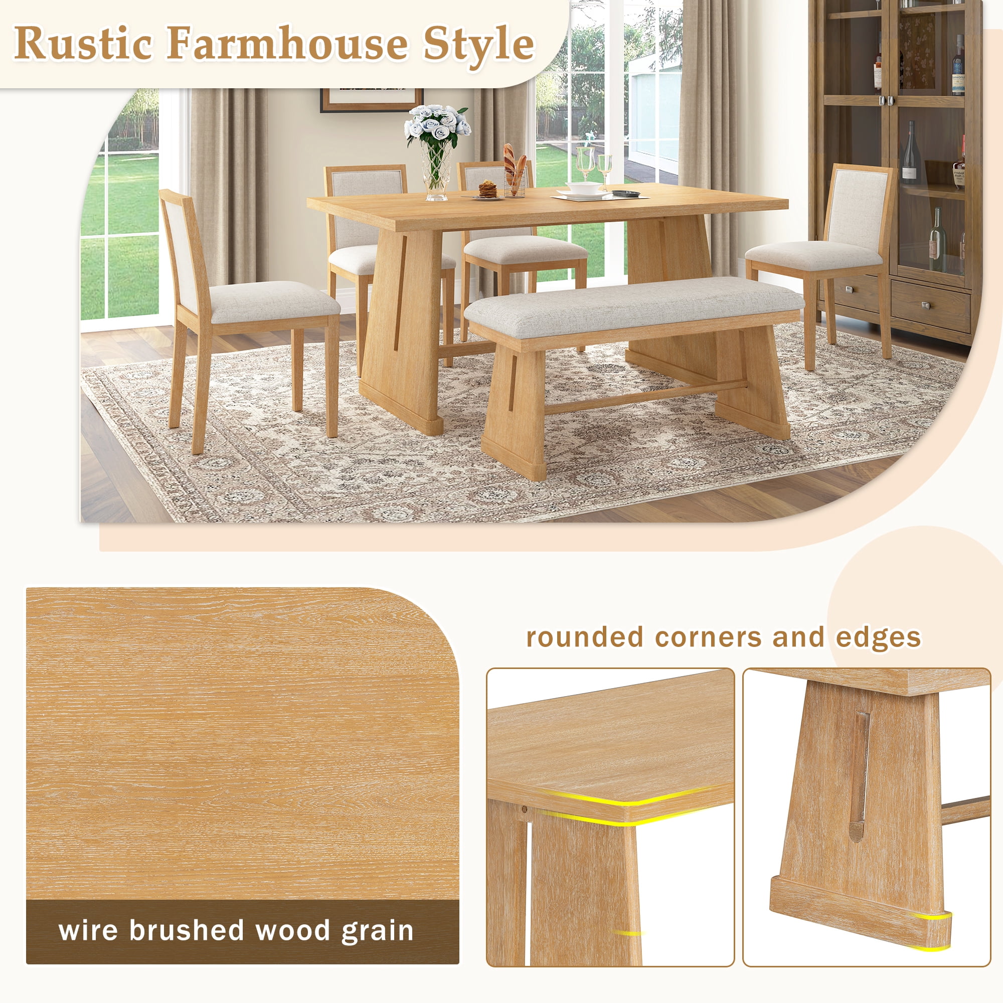 Euroco 6-Piece Farmhouse Dining Table Set for 6, 59.8" Rectangular Dining Table with 4 Upholstered Chairs & 1 Bench,Solid Wood Dining Furniture Set for Kitchen,Natural