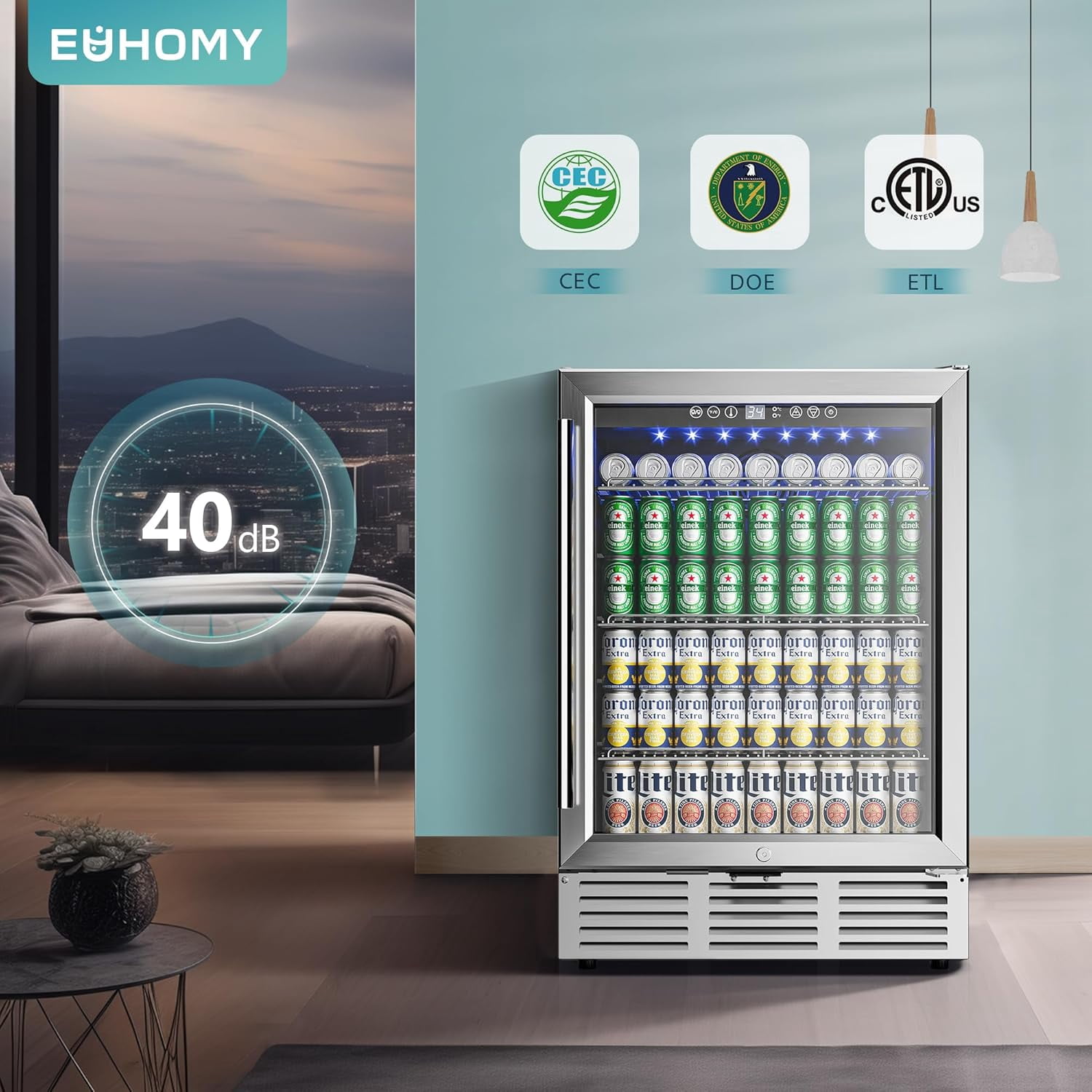 EUHOMY 23.9 Inch Beverage Refrigerator, 179 Can Built-in Beverage Cooler, Under Counter Beer Fridge with Glass Door