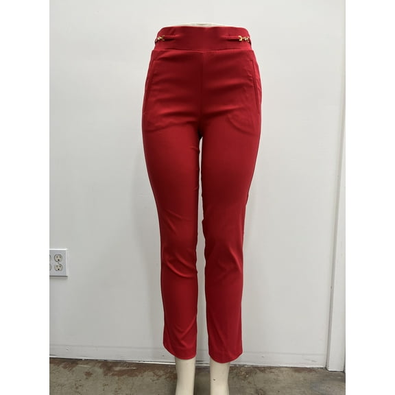 Counterparts slim leg front pockets pull on Pants with gold hardware detail on waist , Red , S