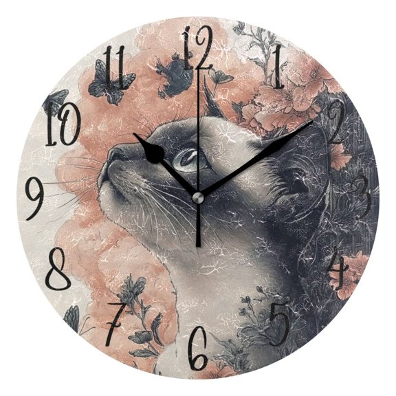 WOBOGO Siamese Cat with Flower Wall Clock 10in Silent Mechanism Battery Operated Retro Style for Living Room Bedroom and Kitchen Black Pointer