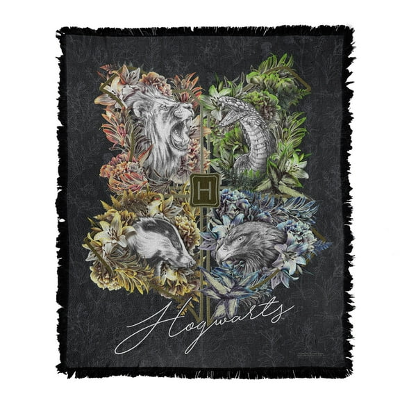 Harry Potter Blanket, 50'x60' Floral Lines Crests Woven Tapestry Cotton Blend Fringed Throw Blanket