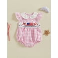thumbnail image 3 of Okbabeha Newborn Baby Girls 4th of July Outfits Fourth of July Bubble Romper Fly Sleeve USA Flag Embroidery Bodysuits Summer Independence Day Clothes, 3 of 7