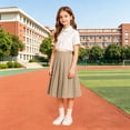 thumbnail image 5 of Hzzrkos Girls Casual Loose Solid Color High Waist Pleated A Line Mid Length School Uniform Skirt Academic Style Elastic Waist Swing Skirt Khaki, 5 of 9