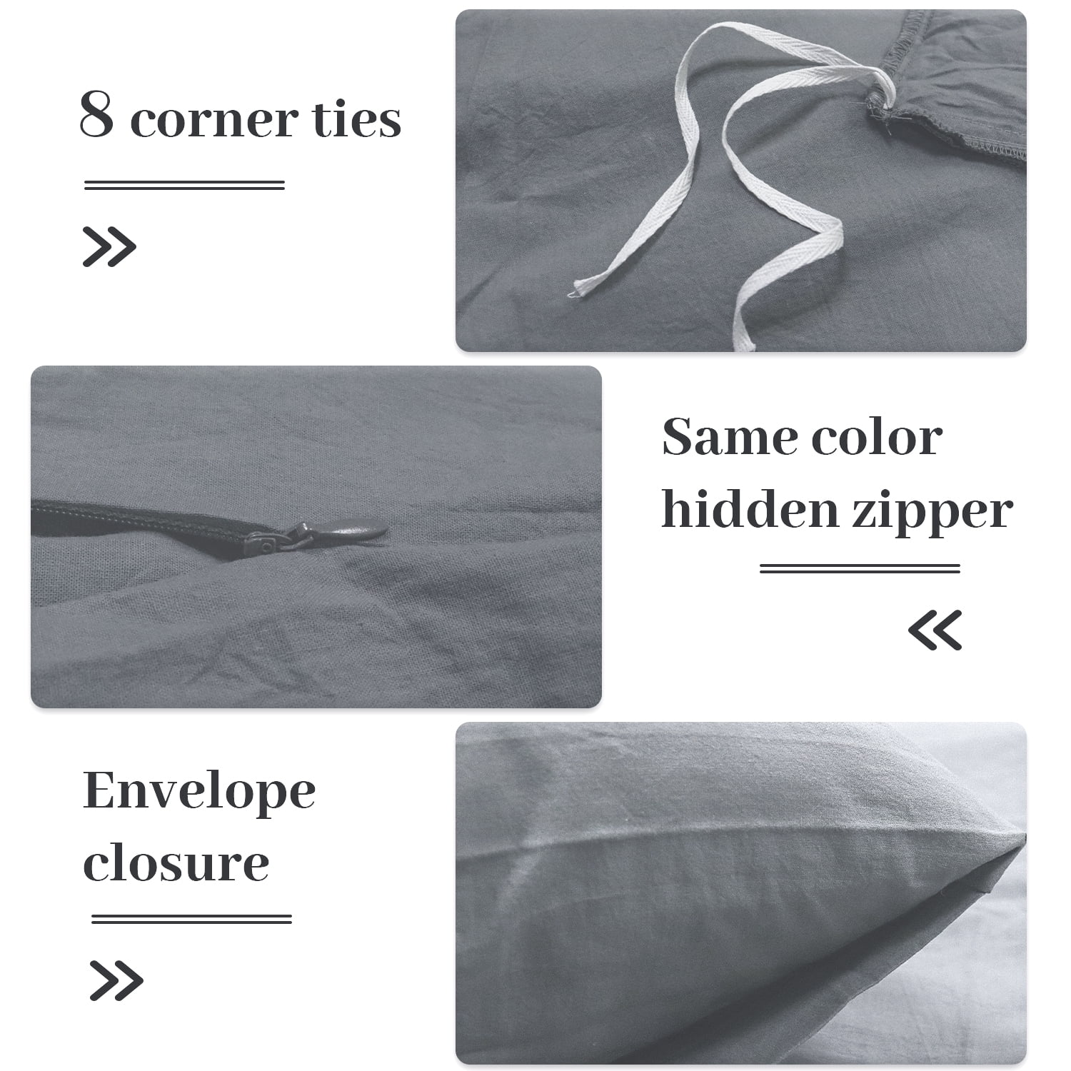 NEXHOME PRO Duvet Cover Set 100% Washed Cotton 3 Pieces Linen Breathable Soft Durable Duvet Cover Bedding Set with Zipper Closure, King Size Grey(Comforter Not Included)