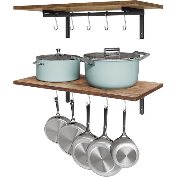 Floating Wooden Pot Rack 2 Pack, 23.6 Inch Wall Mounted Design with 10 Hooks, Functional Kitchen Organizer, Great for Cookware and Utensils