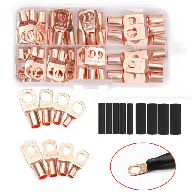 Copper Wire Lugs Copper Ring Terminals Battery Cable Lugs Battery Lug Electrical Wire End Cable Lugs 60Pcs Copper Wire Lugs Battery Cable Lugs Ring Terminals Connectors With 80Pcs