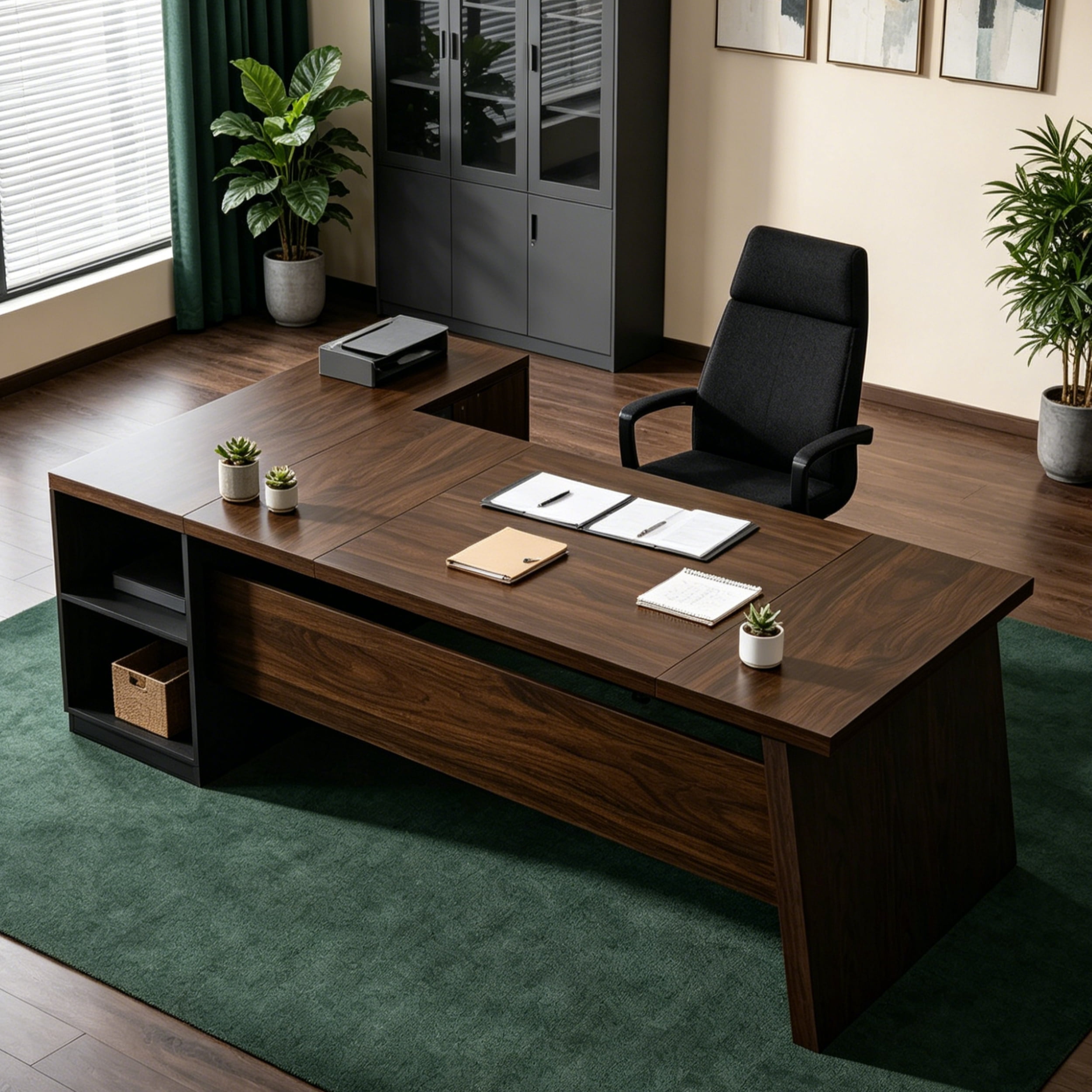 Fnova 77" Large L-Shaped Executive Office Desk with File Drawers and Storage Shelves, Modern Computer Desk Writing Desk for Home Office