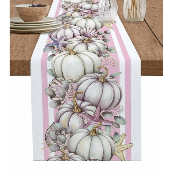 Purple Pumpkin Fall Table Runner 72 Inches, Striped Thanksgiving Botanical Coastal Bed Runner Dresser Scarves Tabletop for Indoor Outdoor Parties/Ceremony/Banquet, 13" x 72"