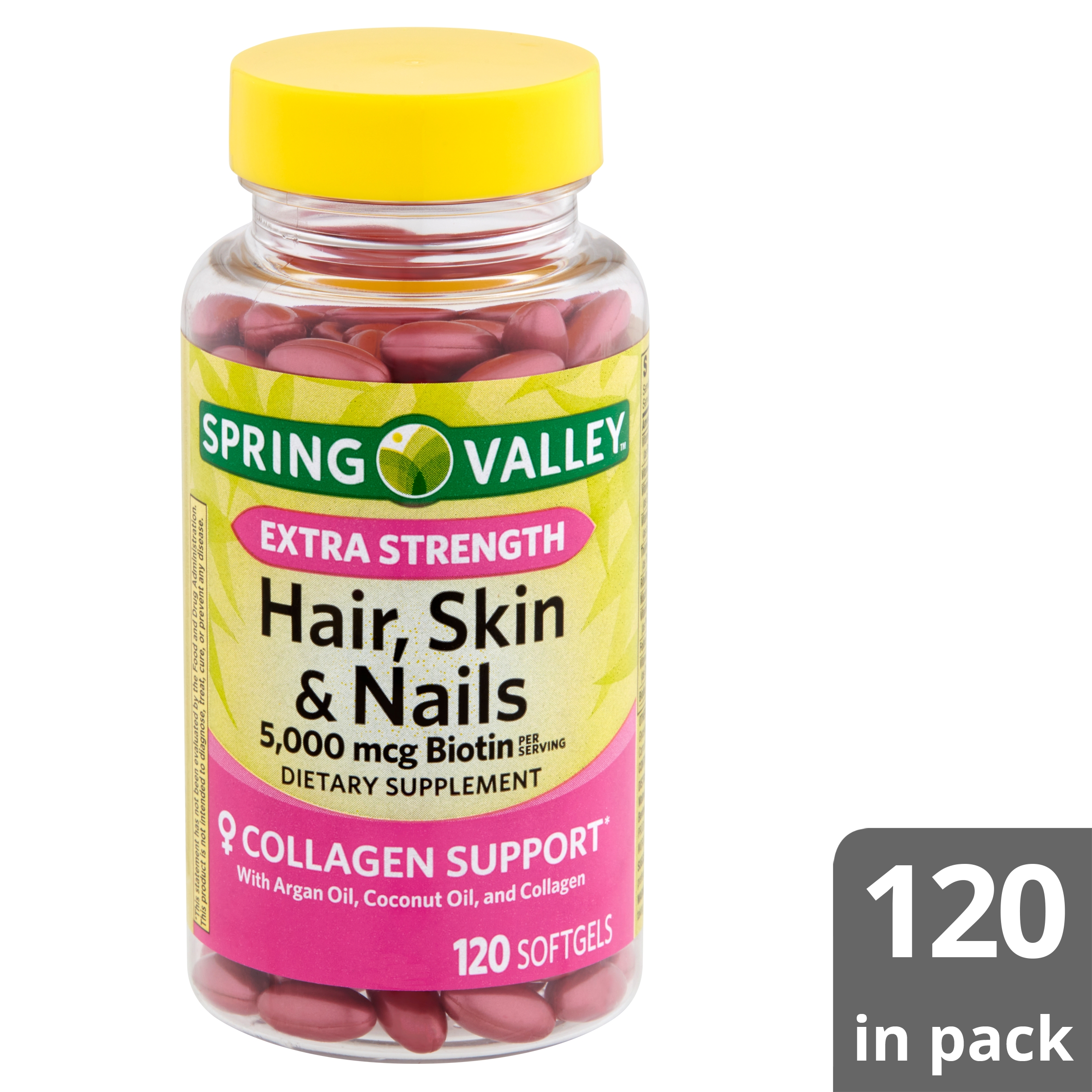Spring Valley Hair, Skin & Nails Dietary Supplement Softgels, 5,000 Mcg Biotin, 120 Ct - image 8 of 13