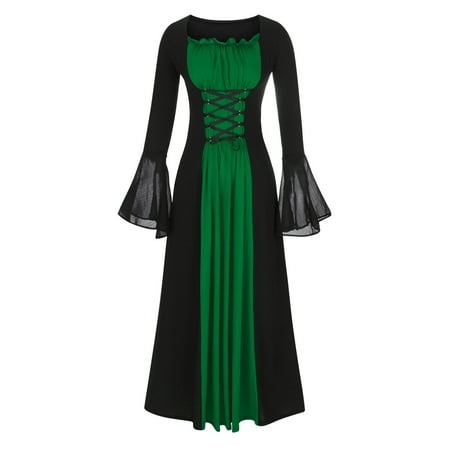 

Juebong Halloween Mesh Dress Women Retro Gothic Flare Long Sleeve High Neck Stitching Swing Hem Flowy Floor-Length Skirt Gown Bell Sleeve Dress Dark Long Dress Gowns