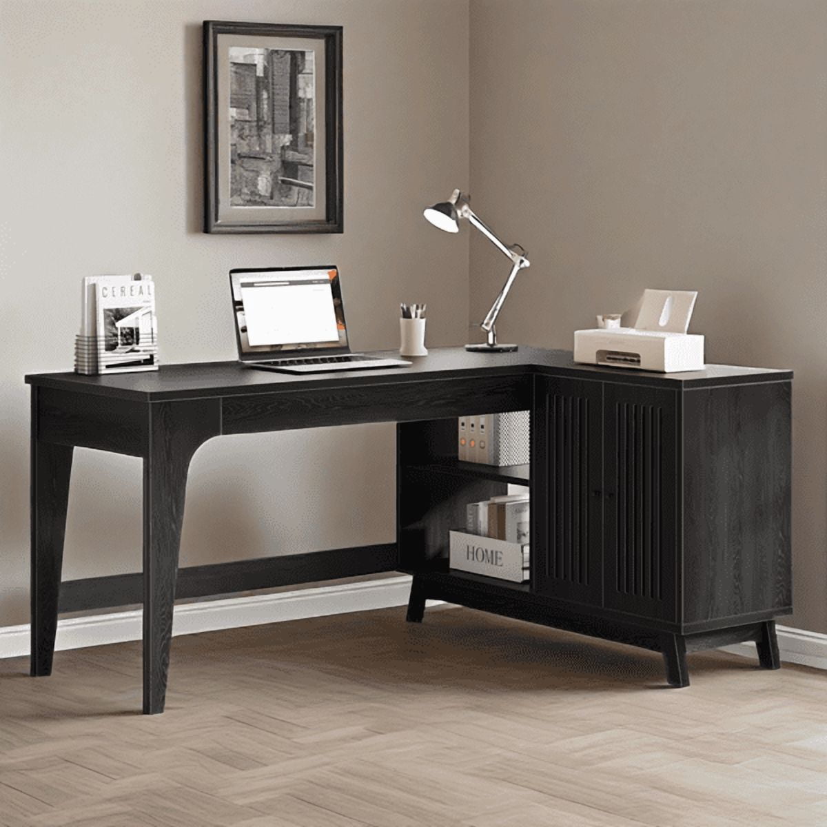 57-Inch L-Shaped Corner Desk - 41"W×19.6"D Work Surface, 2 Open Shelves & Lateral Cabinet - Modern Minimalist Design for Home Office