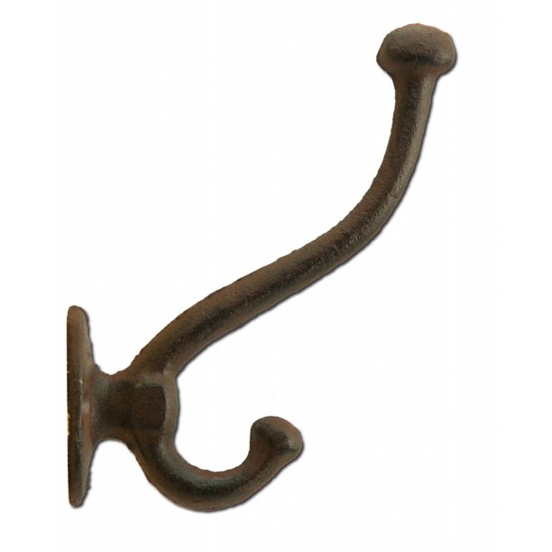 Decorative Victorian Style Double Wall Hook Rust Brown Cast Iron 5.25" Tall