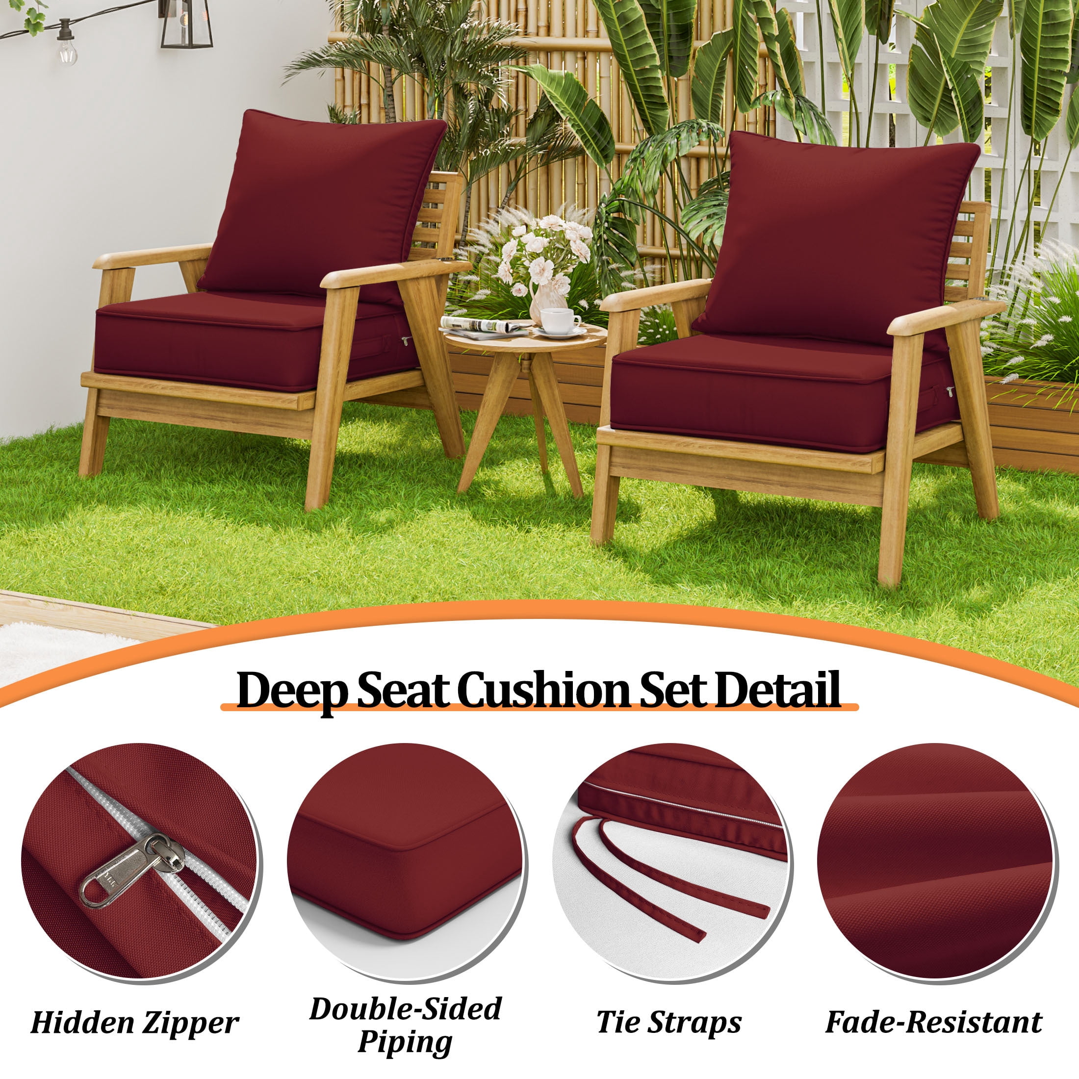Kimunuk Outdoor Deep Seat Cushion Set for Patio Furniture, Splash-Proof & Fade Resistant, 22" L X 24" W X 5" H,Burgundy