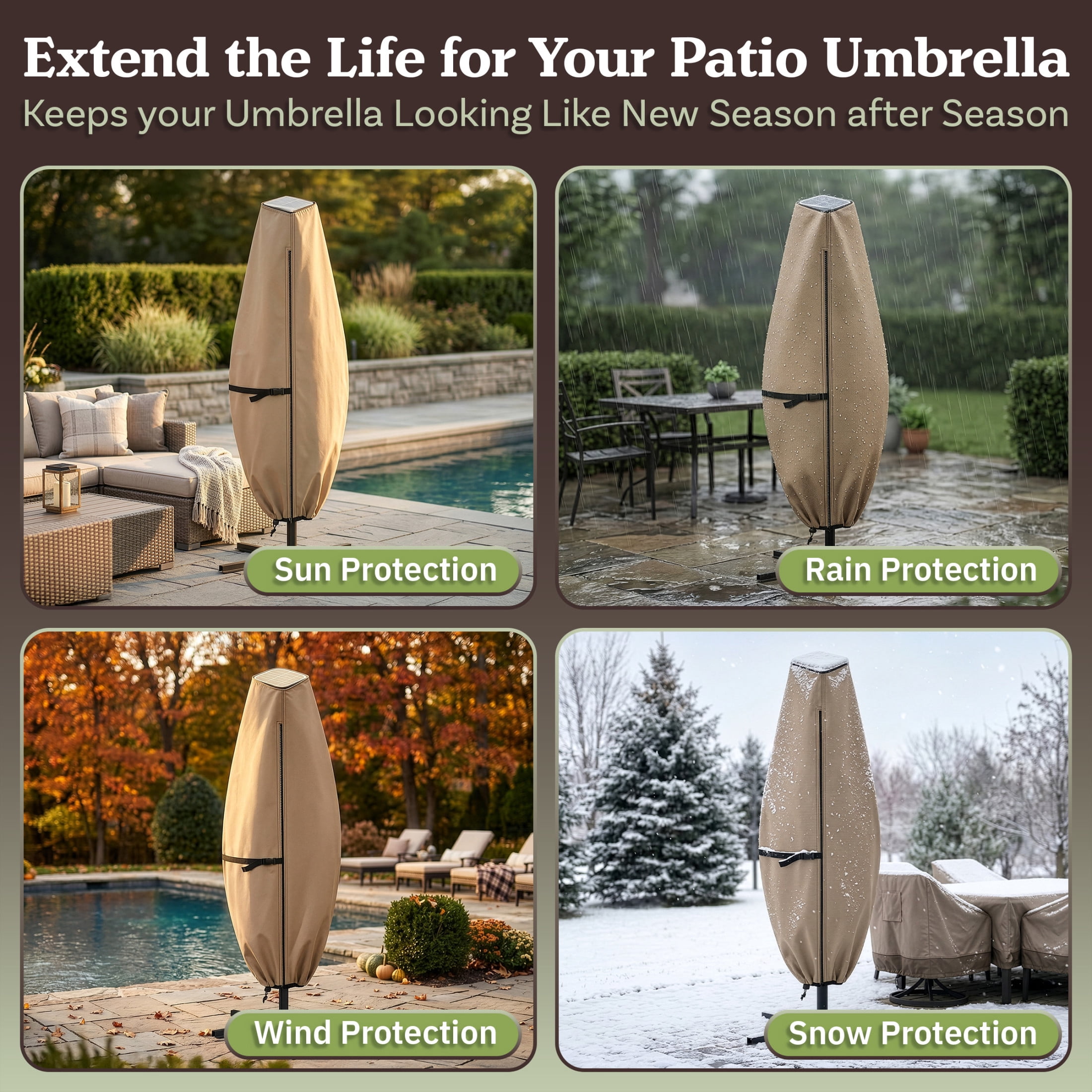 Pure Garden Waterproof Solar Outdoor Umbrella Cover for 11ft Round or 8ft Square, Tan