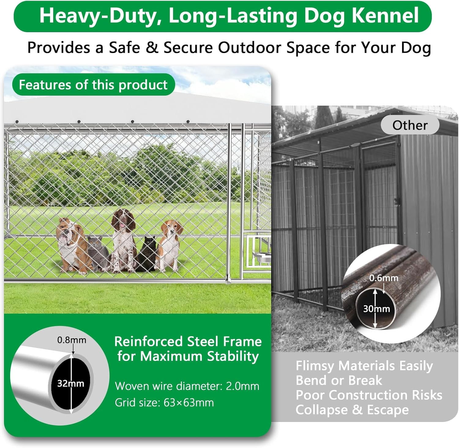 Outdoor Dog Kennel with Bowls 10x10 FT, Heavy Duty Large Outside Dog Enclosure with UV-Resistant Waterproof Sun-Proof Cover, Double Security Locks for Backyard Farm Ranch