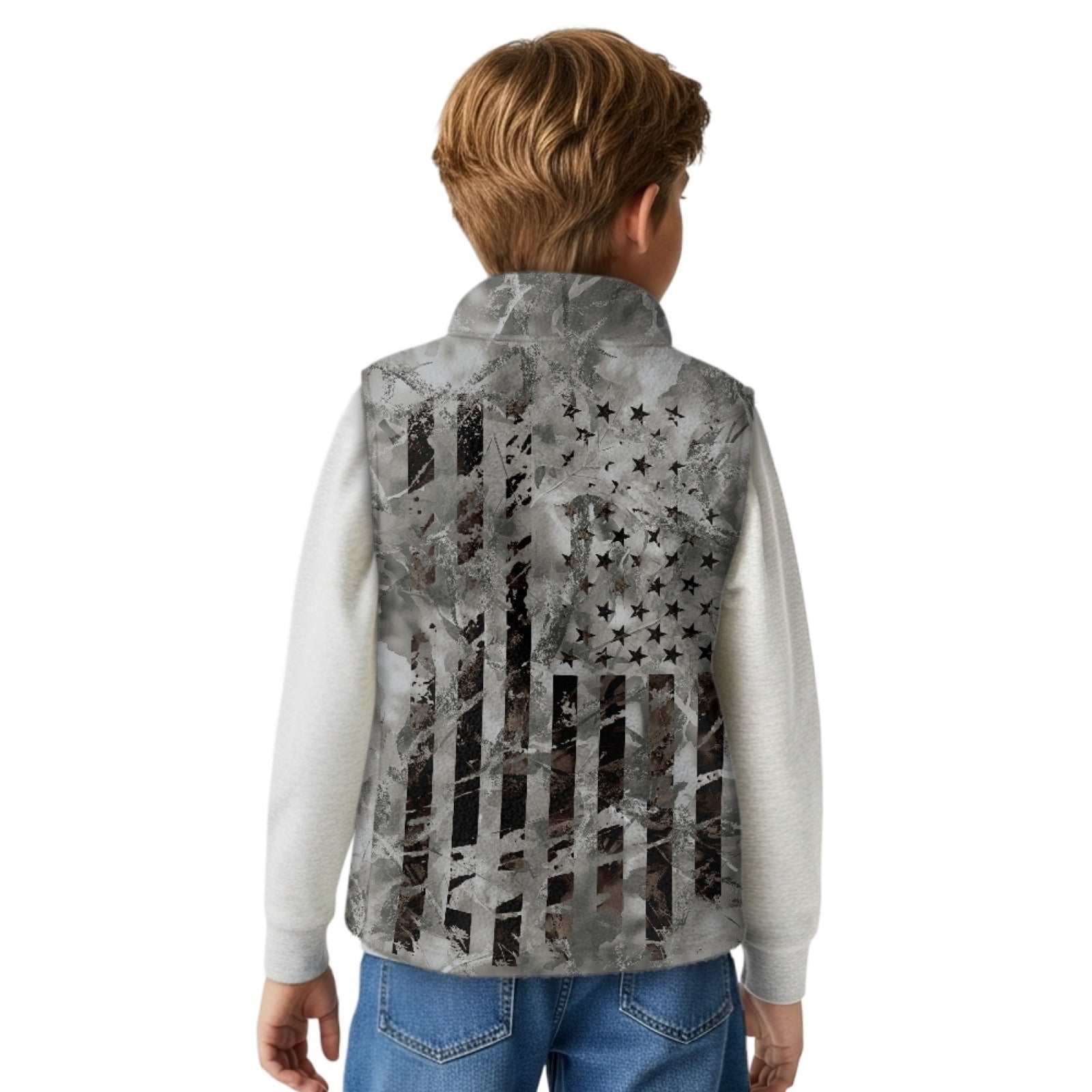 Xoenoiee American Flag Hunting Camo Print Boys Vest Lightweight Stand Collar Sleeveless Zip Up Outerwear Fleece Warm Jacket with 2 Pocket, Size 7-8 Years