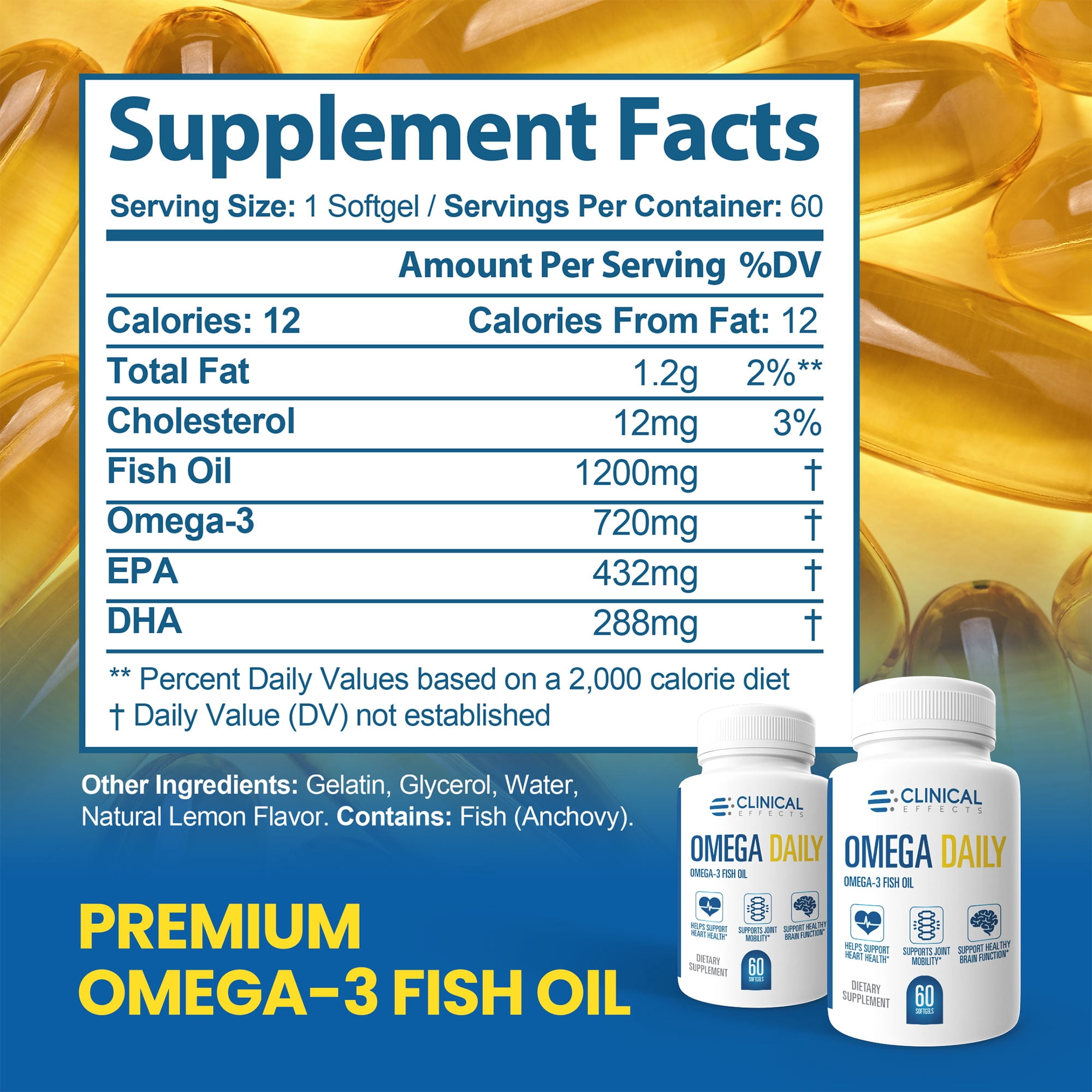 Clinical Effects Omega Daily - Fish Oil Softgels Supplement to Support a Healthy Brain, Heart and Body - 60 Capsules