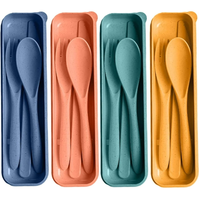 Travel Utensils Set with Case Sets Camping Utensils Wheat Straw Reusable Utensils Set With Case Knife Fork and Spoon Utensils for Lunch Box
