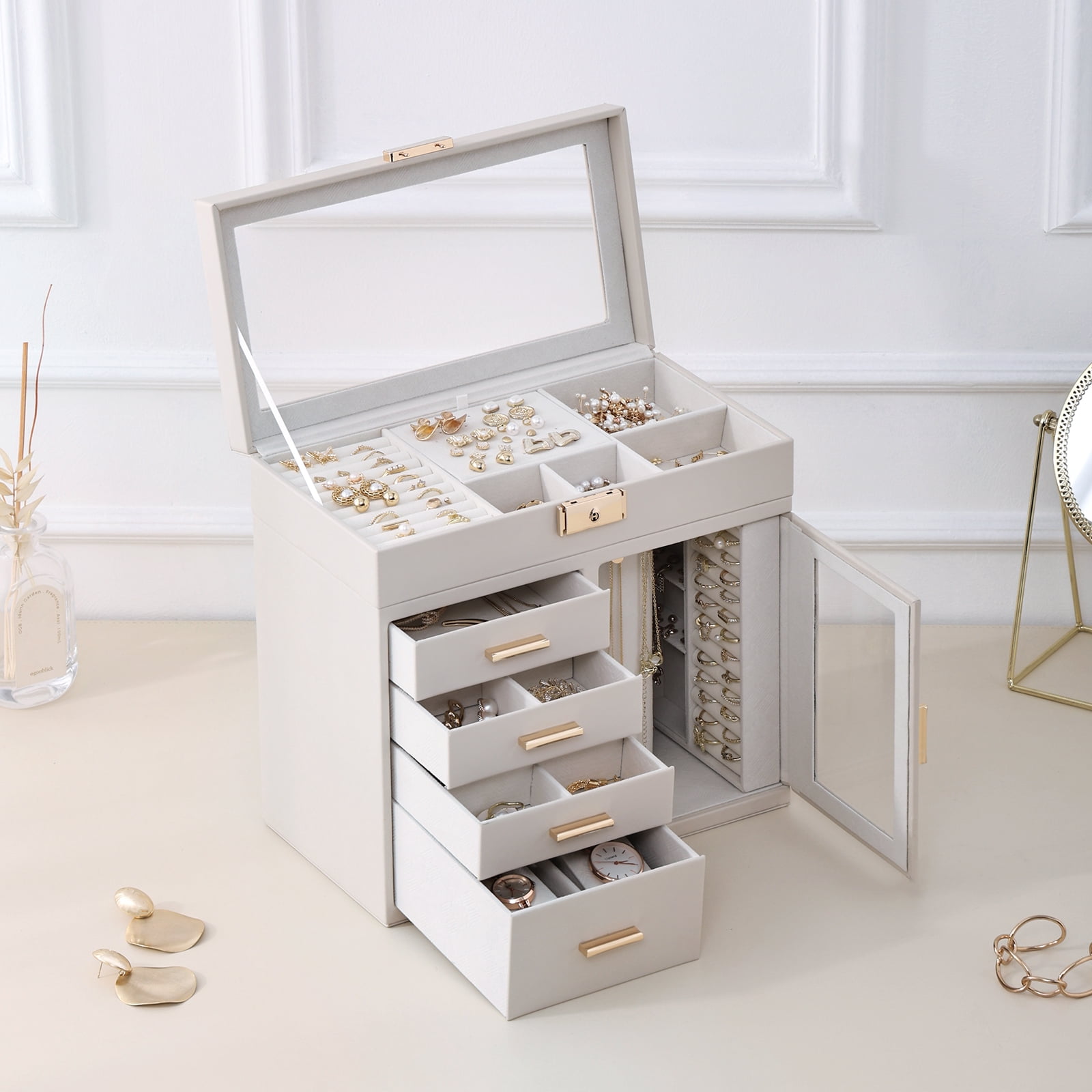 Casegrace 5-Tier Huge Jewelry Organizer with 4 Drawers, Clear Window Flip Lid Jewelry Box, Rotating Column Necklace Storage Case, Clear Open-door Standing Holder for Earrings, Rings