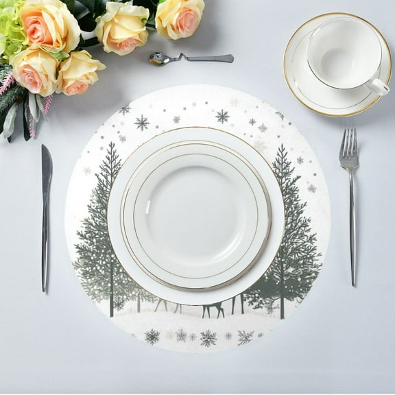 15.4" Round Placemat Set of 1 Polyester Fabric Place Mats Non-Slip Dining Kitchen Table Mats for Kitchen Party Decor Christmas Forest