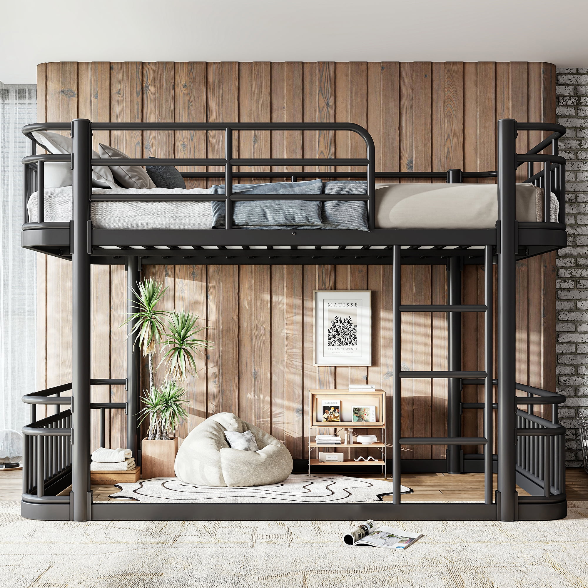 Leumius Full over Full Bunk Bed Frame with Ladders & Guardrails, Upgraded Round-Pipe Metal Frame, Stylish & Versatile for Any Room,Black