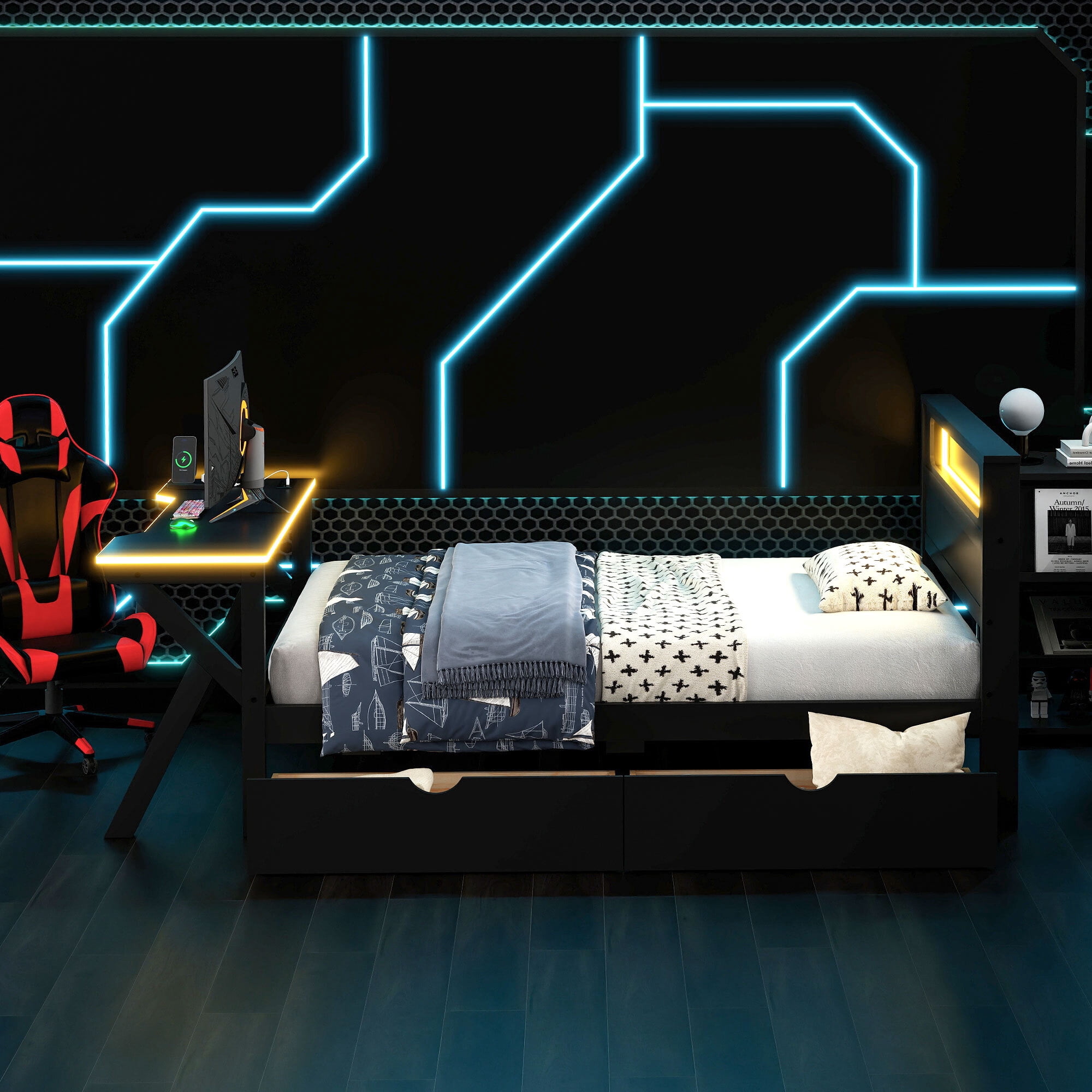 Euroco Wood Twin Size Platform Bed with Drawers, Gaming Bed with Desk, LED Light and USB Charging Station, Black