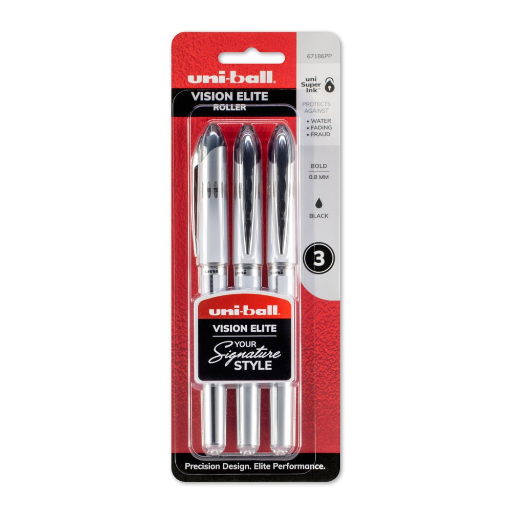 Uniball Vision Elite Rollerball Pens, Bold Point (0.8 mm), Black, 3