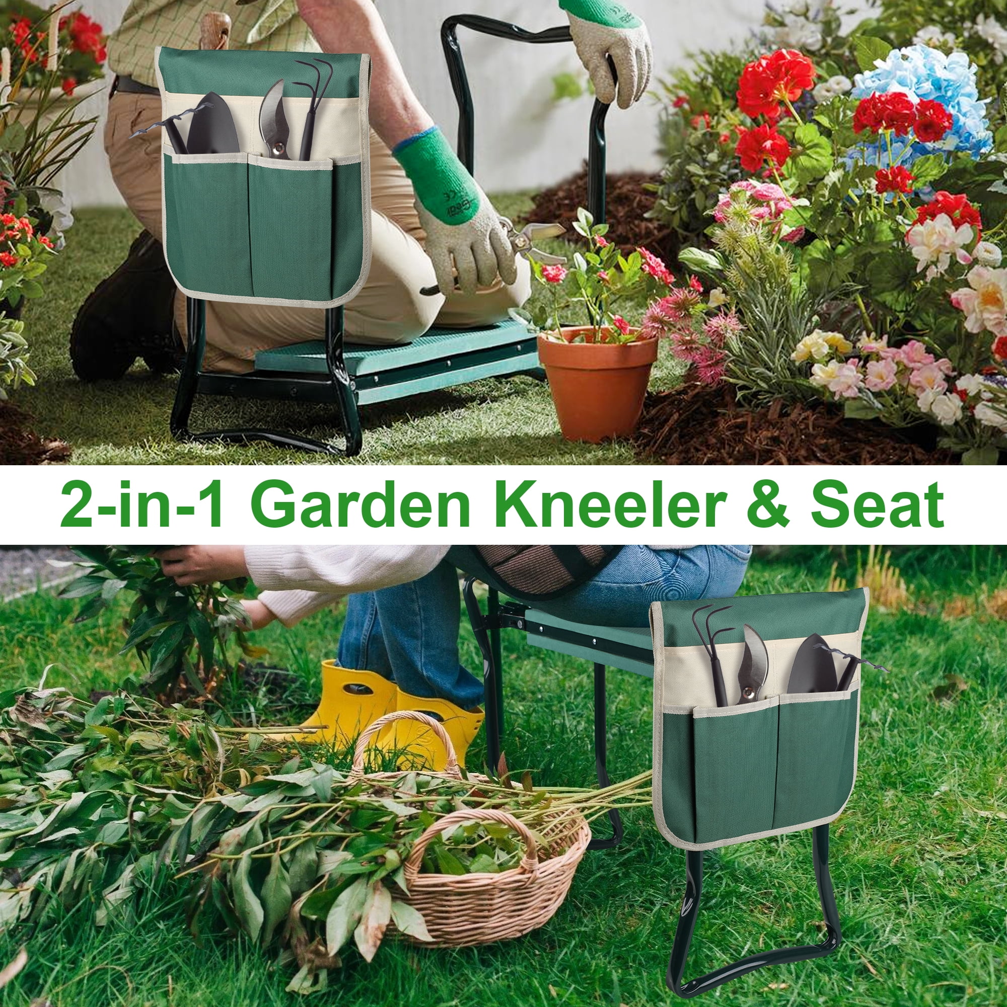 Folding Garden Kneeler and Bench Kneeling Soft Eva Pad Seat with Stool Pouch,Green