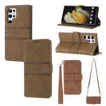 Allytech Case for Samsung Galaxy S22 Ultra 5G Phone 6.8" Crossbody Wallet Handbag with Stand Shoulder Strap Lanyard Card Pocket Embossed PU Leather Folio Stand Cover for Galaxy S22 Ultra 2022, Brown