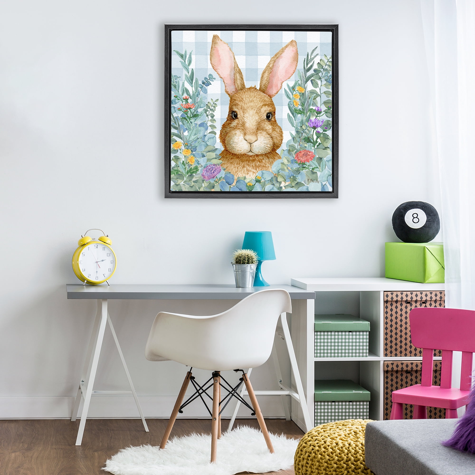 Stupell Industries Rabbit Laurel on Gingham Black Framed Floater Canvas Wall Art, design by Paul Brent