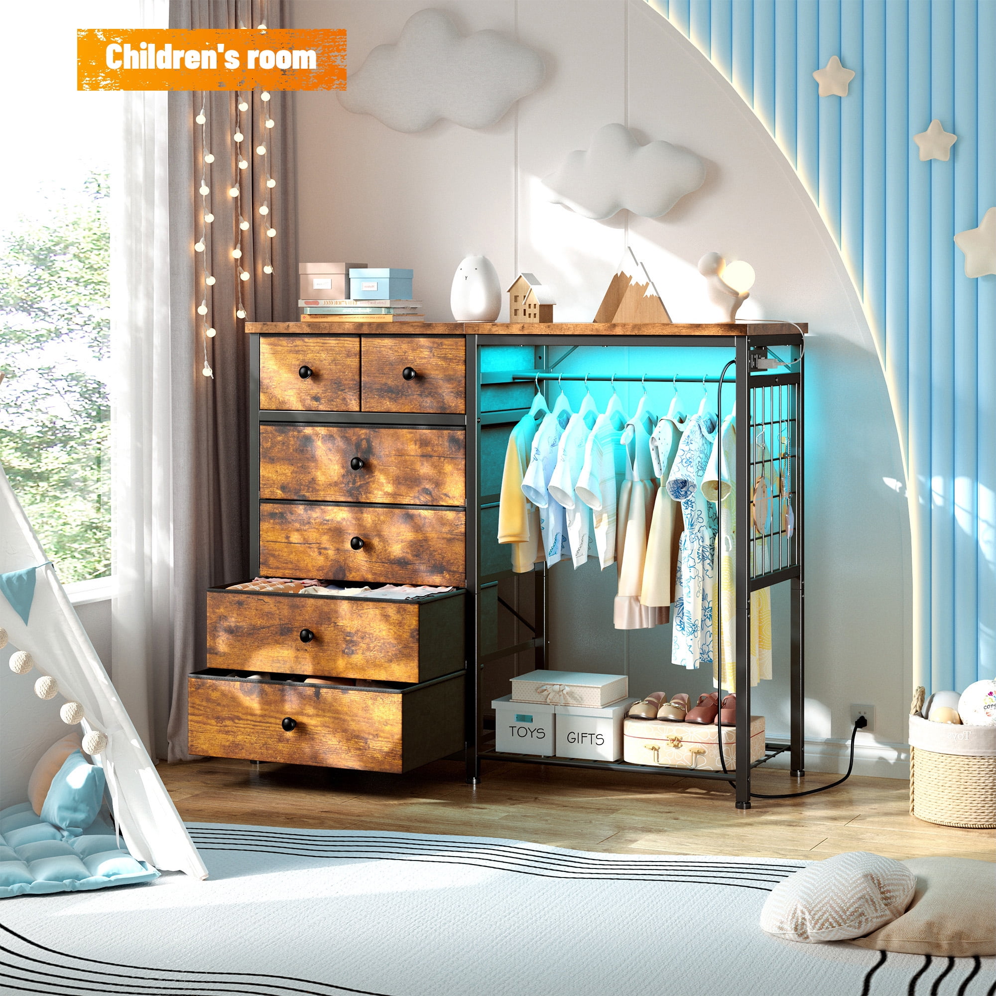 Snhomee Modern Dresser with Clothes Rack Bedroom Dresser with Hanging Rack & Side Storage Drawers Dresser with Fabric Drawers & LED Lights