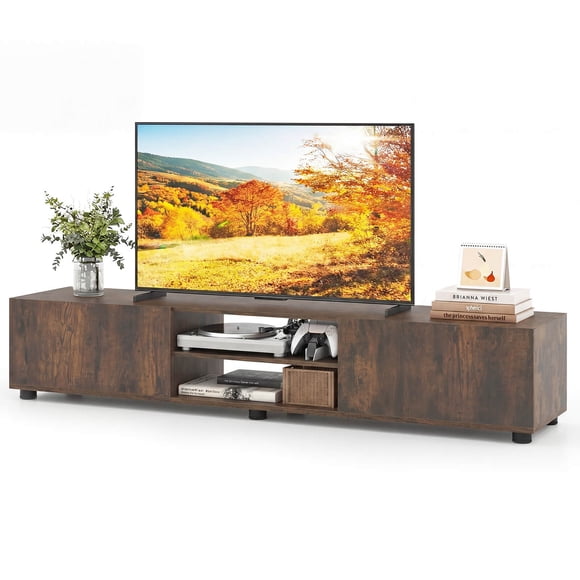 Costway TV Stand for up to 70” TVs, Media Console Table with Double Doors & Open Shelves Rustic Brown