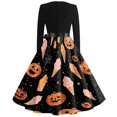 thumbnail image 5 of Halloween Dresses for Women Pumpkin Hepburn V-Neck Vintage Dresses Candy Printed Long Sleeve Classic Swing Dress with Belt S, 5 of 5