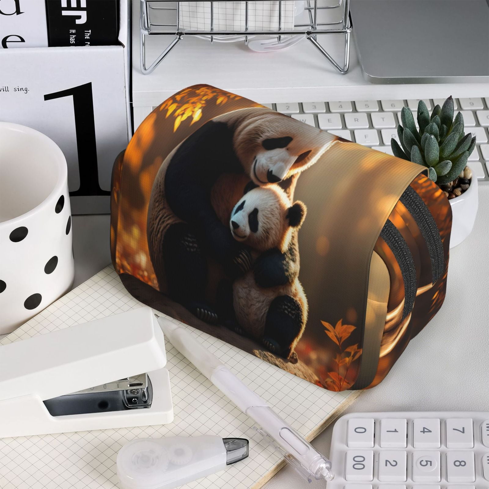 Rateoe Maple Forest Panda Pattern Double Clamshell Pen Case, Storage Organizer with Two Zipper Compartments– Holds Up to 50 Pencils & Pens
