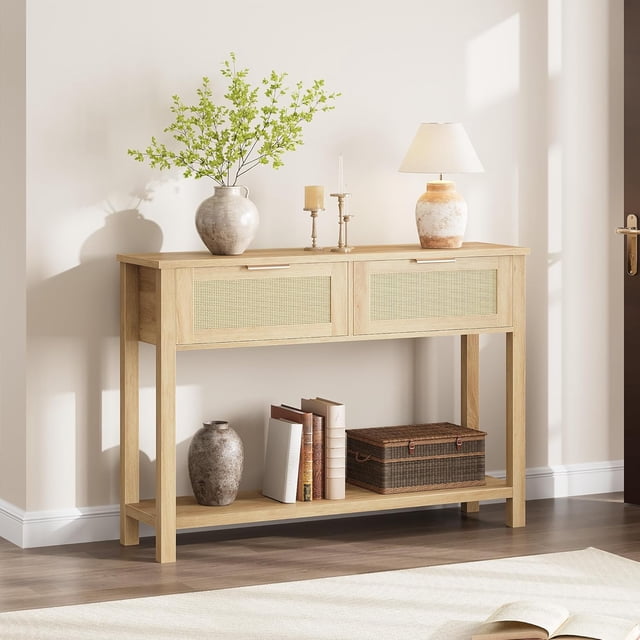 IdeaHouse Rattan Console Table for Entryway - 43" Boho Sofa Table with 2 Drawers & Lower Shelf, Mid-Century Modern Hallway Table, Slim Farmhouse Accent Table for Living Room, Bedroom, Home Decor