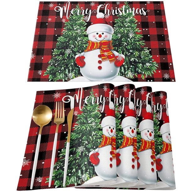 Juego de 4 manteles de Navidad con diseño de muñeco de nieve, diseño de muñeco de nieve con árbol de Navidad, manteles individuales de lino y algodón a cuadros de búfalo rojo y negro, manteles individuales antideslizantes y lavables para fiestas navideñas Ormromra WMZL-2269