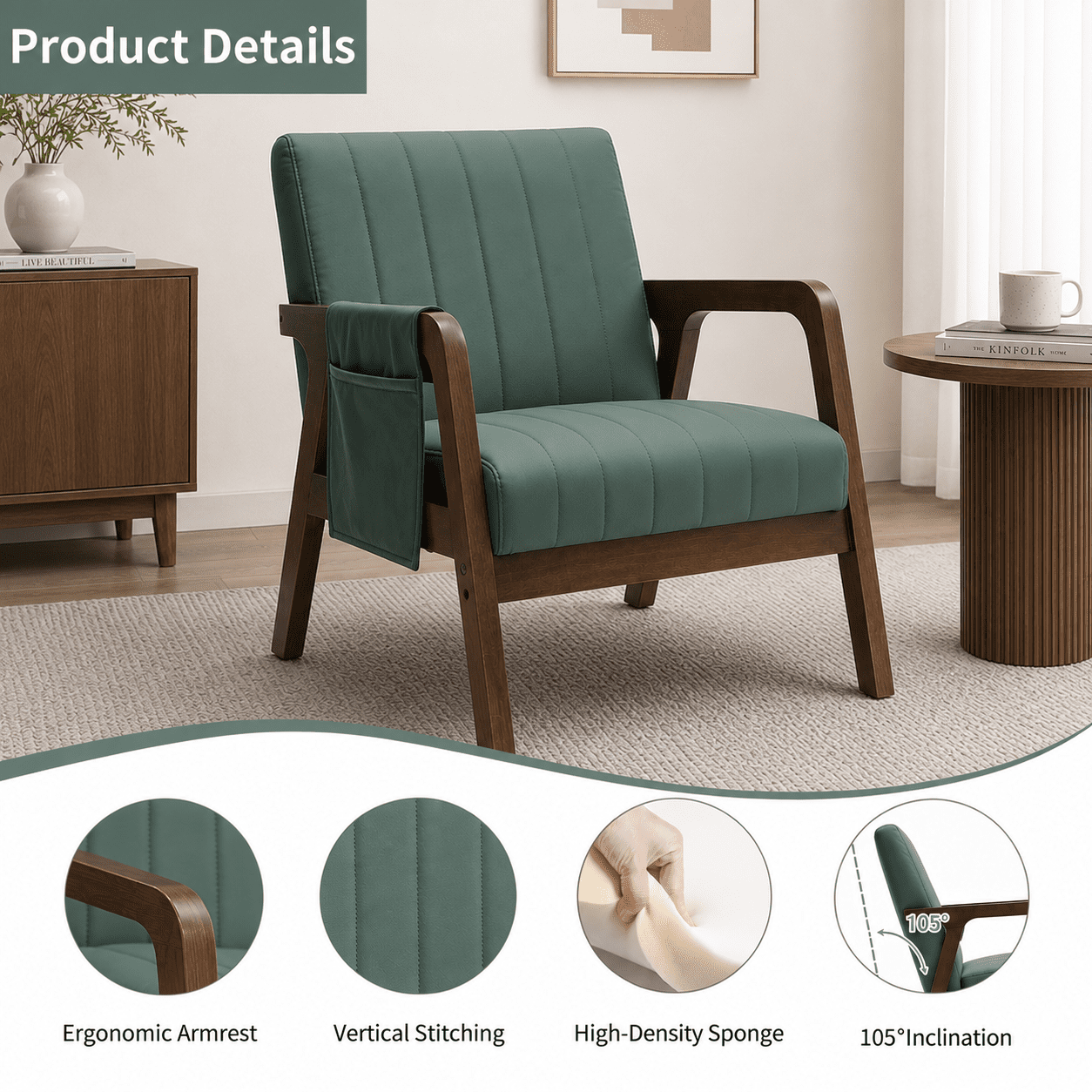 MOONMISS PU Leather Accent Chair,Mid-Century Modern Wood Frame Arm Chair with Side Pocket Cushioned Sofa,Green