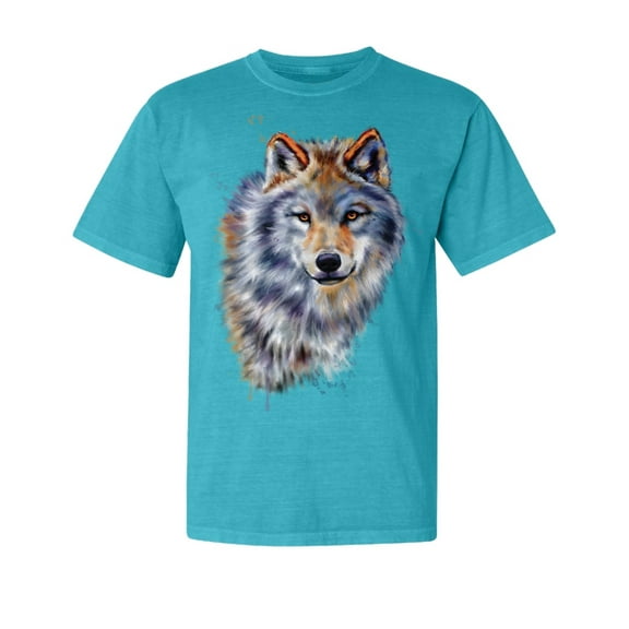 Wild Bobby, Wolf Oil Painting, Animal Lover, Garment-Dyed Washed Look Short Sleeve T-Shirt, Blue Lagoon, Small