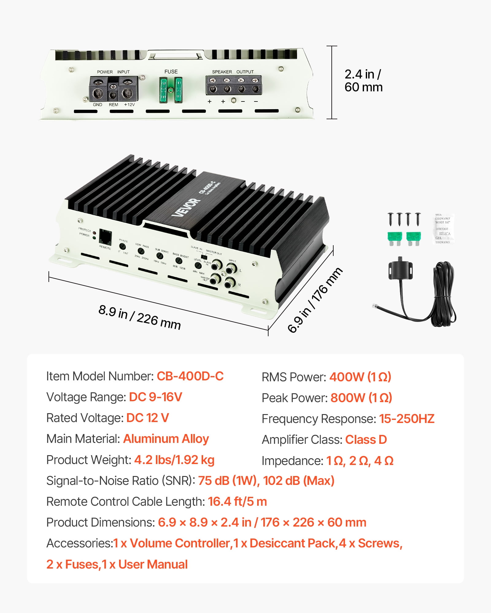 VEVOR Monoblock Car Amplifier, 400W RMS MAX, 1/2/4 Ohm Stable, 1-Channel Class D Car Audio Amplifier with Remote Subwoofer Level Control, Low Pass Filter, Bass Boost & Phase Shift, Volume Controller