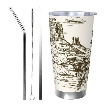 

Zeuib Western Desert Cowboys 1 Printed 20oz Stainless Steel Insulated Car Cup Stainless Steel Thermal Cup Vacuum Insulated Leak-proof Travel Mug Cup-Straw Three-piece Set