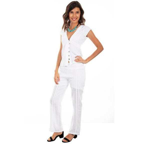 Scully PSL-250-WHT-S Women Elastic Waist Crochet Front Pant, White - Small