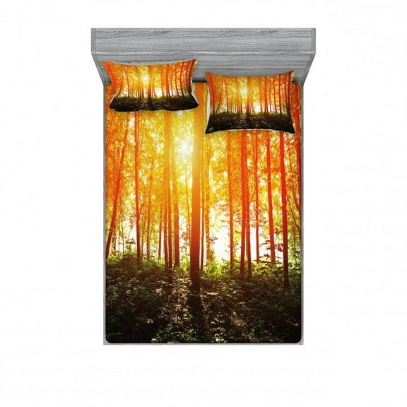 Nature Bedding Set with Sheet & Covers, Foggy Forest Scenery with Sunrays Reflecting on Trees Mystic Woodland Image, Printed Bedroom Decor 2 Shams, 4 Sizes, Orange Fern Green, by Ambesonne